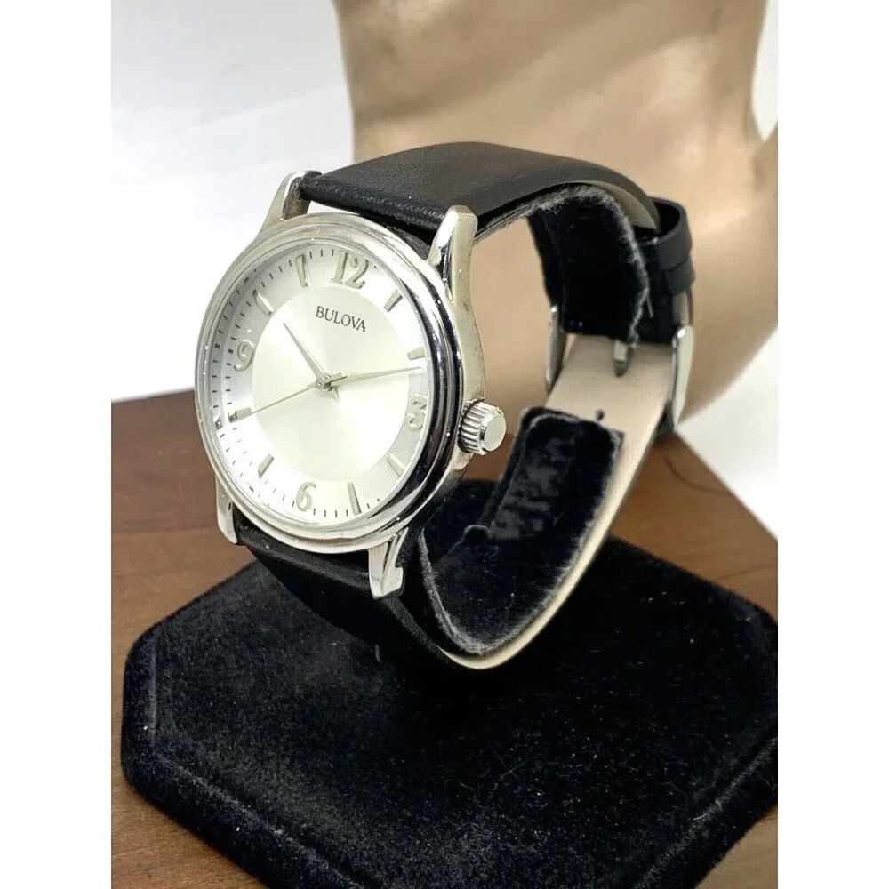 Bulova Men's Watch 96A28 Quartz Logo Silver Dial Black Leather Strap 38m…